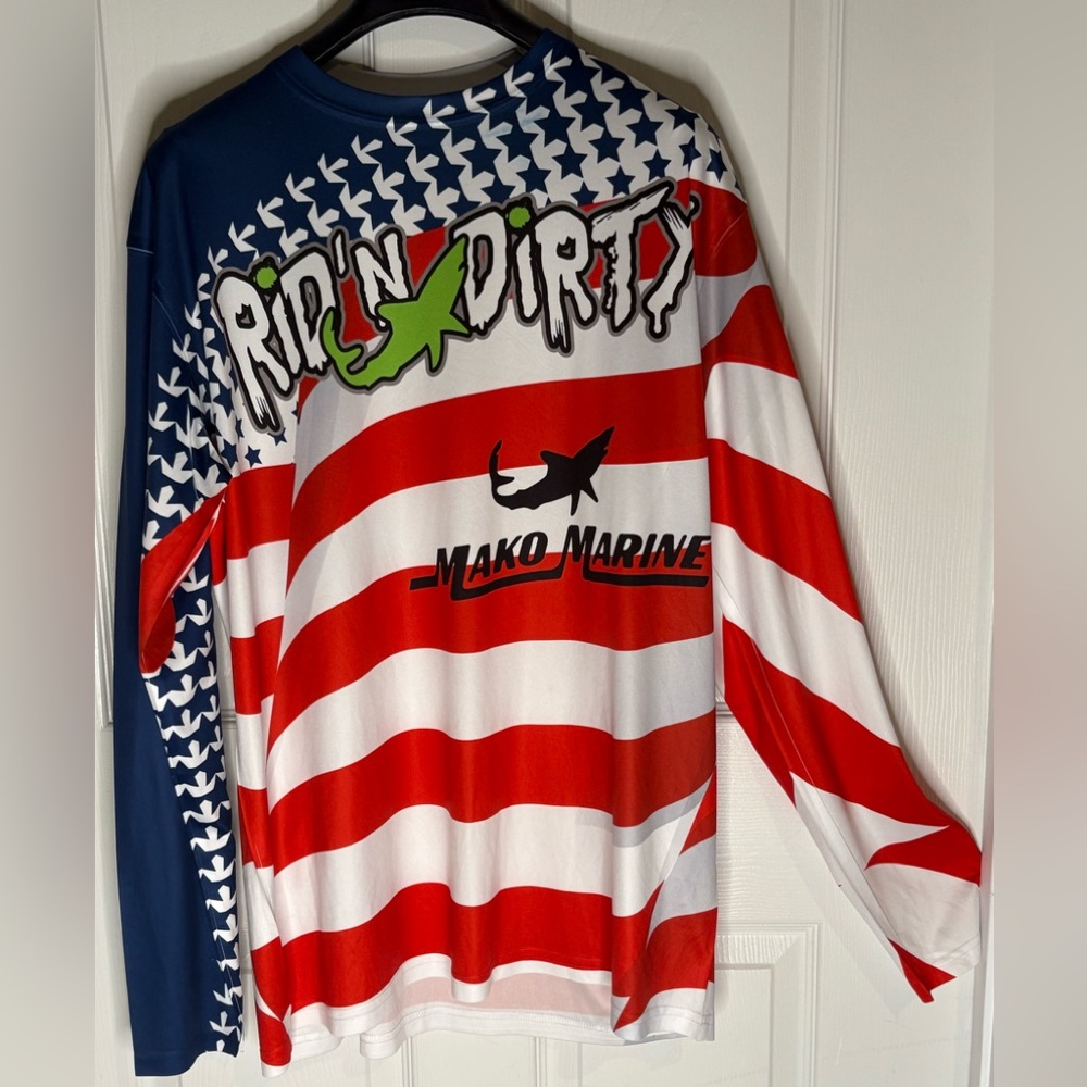 Marine Red White & Blue American Flag Long Sleeve Rash Guard Fishing Shark Shirt